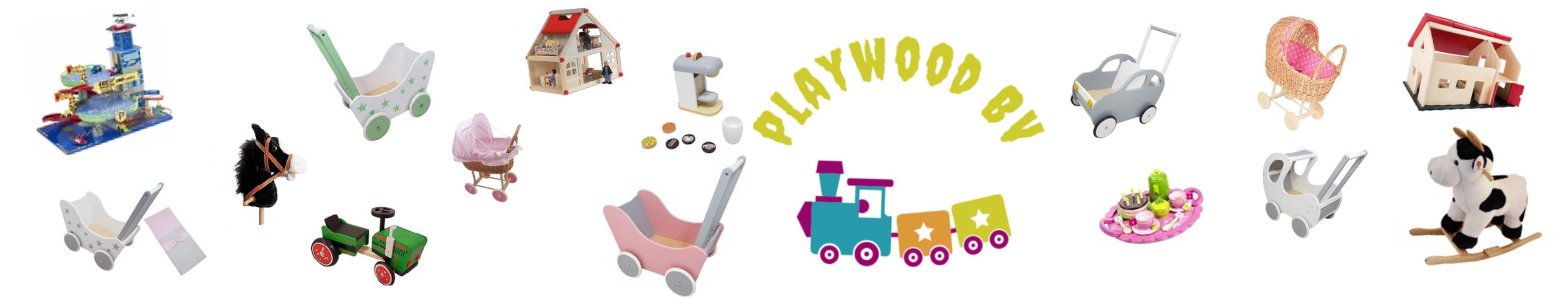 Playwood groothandel in houten speelgoed; hobbelpaarden,stokpaarden, loopfietsen, fornuisjes,winkeltjes etc.